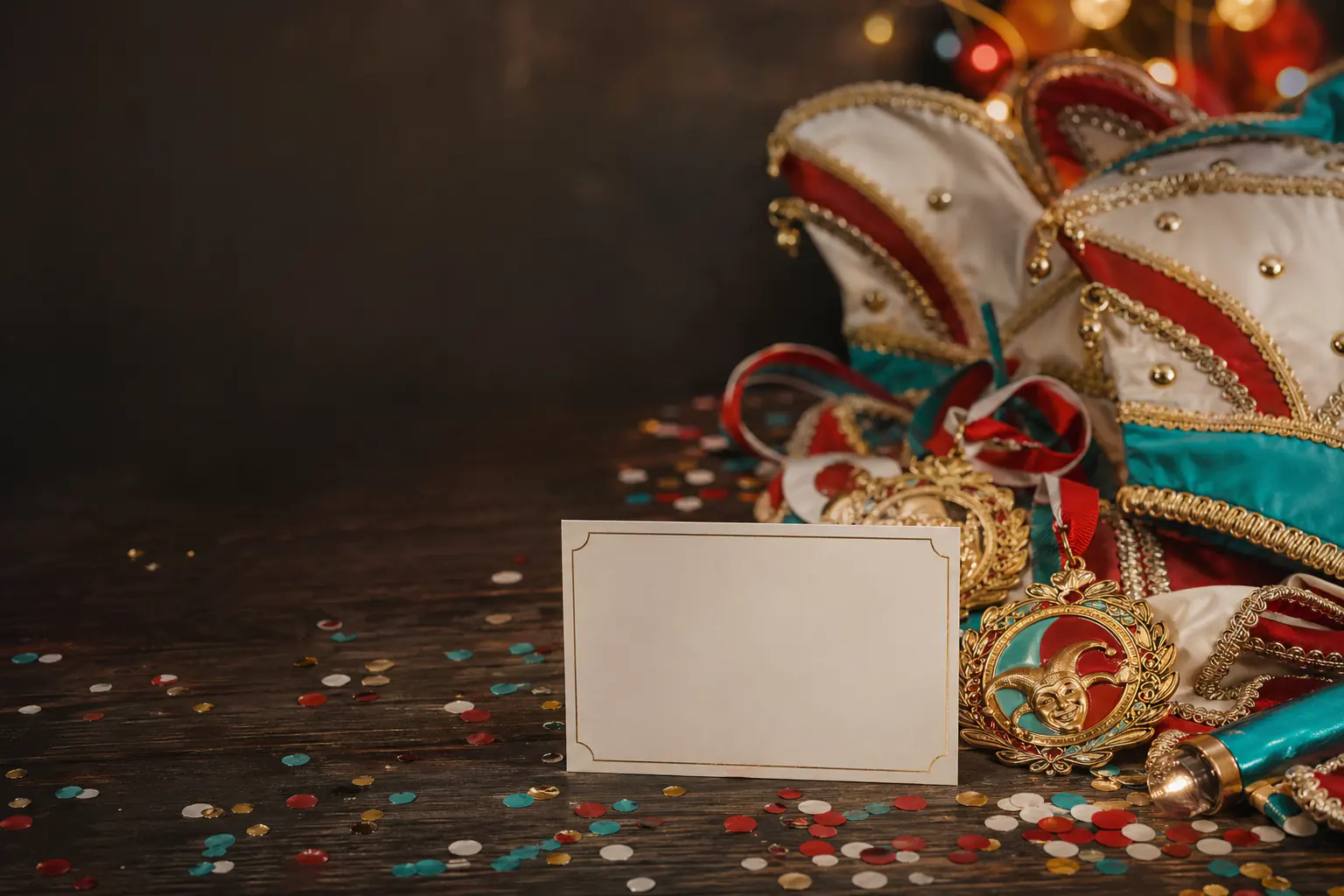 Karnevalsorden, Konfetti und Vereinsfarben als Dankesmotiv